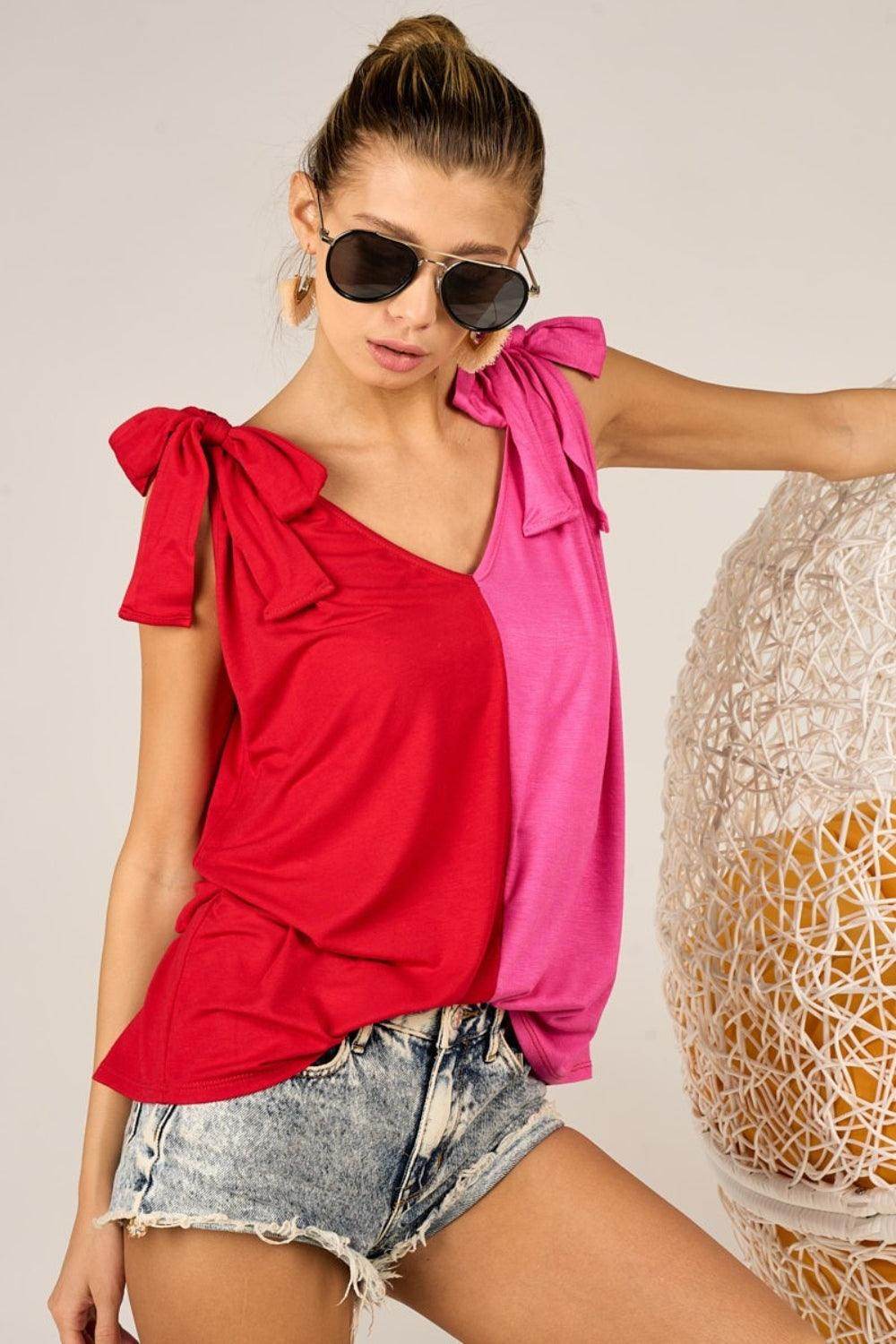 BiBi Shoulder Ribbon Tied Contrast Tank for Stylish Look - Selvanelle