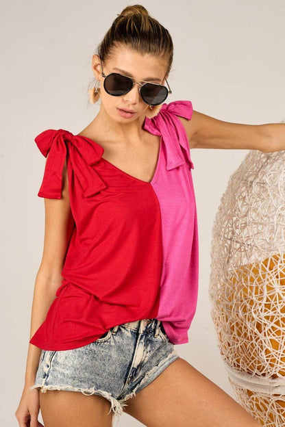 BiBi Shoulder Ribbon Tied Contrast Tank for Stylish Look - Selvanelle