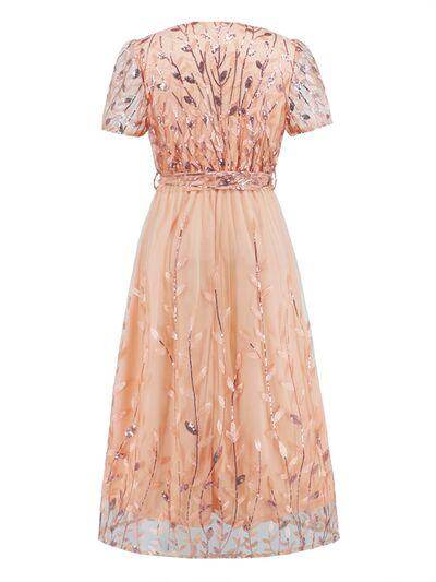 Sequin Leaf Embroidery Tie Front Short Sleeve Dress for Women - Selvanelle