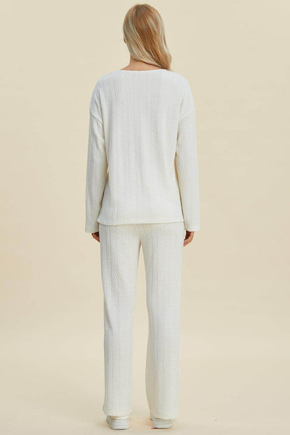 Double Take Full Size Cable-Knit Long Sleeve Top Pants Set - Selvanelle