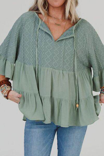 Ruffled Tie Neck Three-Quarter Sleeve Blouse for Women - Selvanelle