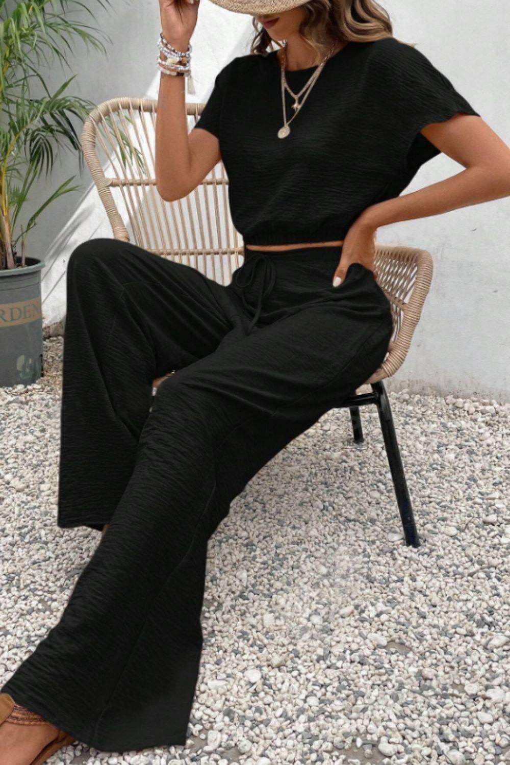 Round Neck Short Sleeve Top and Pants Set for Women - Selvanelle