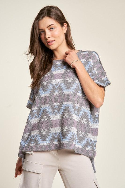 Davi & Dani High-Low Geometric Round Neck Knit Top for Women