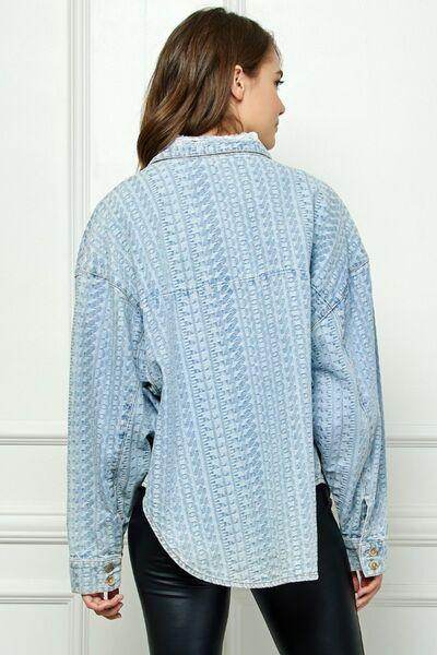 Veveret Button Up Dropped Shoulder Denim Top for Women - Selvanelle