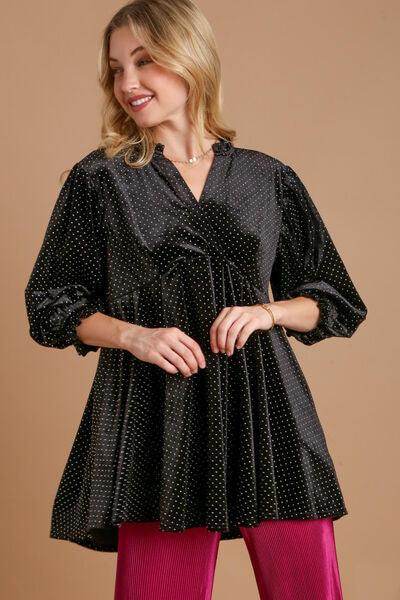 Umgee Full Size Beaded Frill Flounce Sleeve Velvet Blouse - Selvanelle