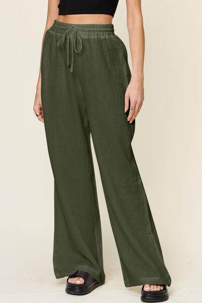 Double Take Full Size Texture Drawstring Wide Leg Pants - Selvanelle