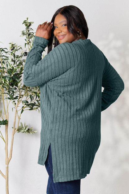 Basic Bae Full Size Ribbed Round Neck Long Sleeve Slit Top - Selvanelle