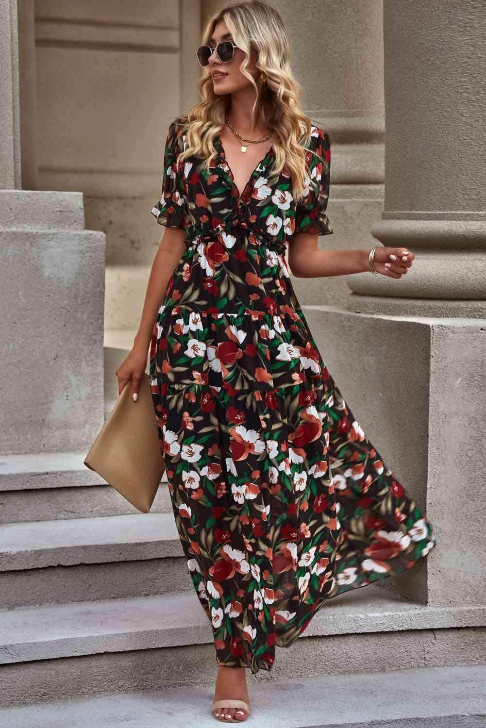 Floral V-Neck Short Flounce Sleeve Dress for Women - Selvanelle