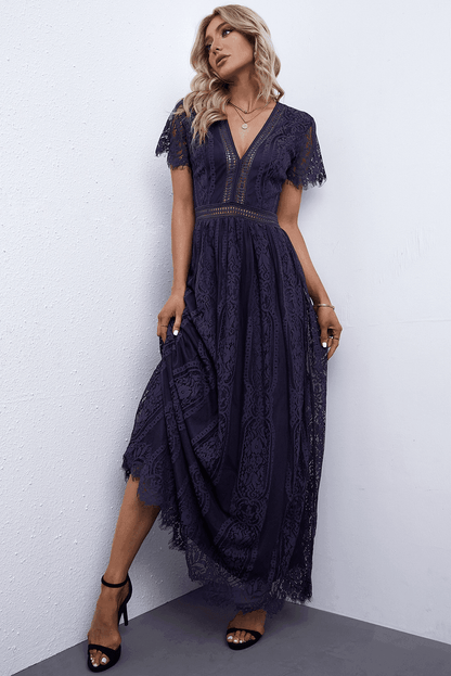 Scalloped Trim Lace Plunge Dress for Elegant Occasions - Selvanelle