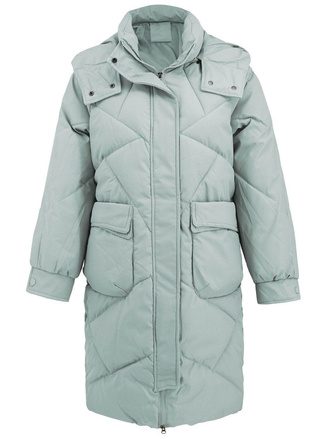 Long Sleeve Longline Hooded Winter Coat with Pockets - Selvanelle