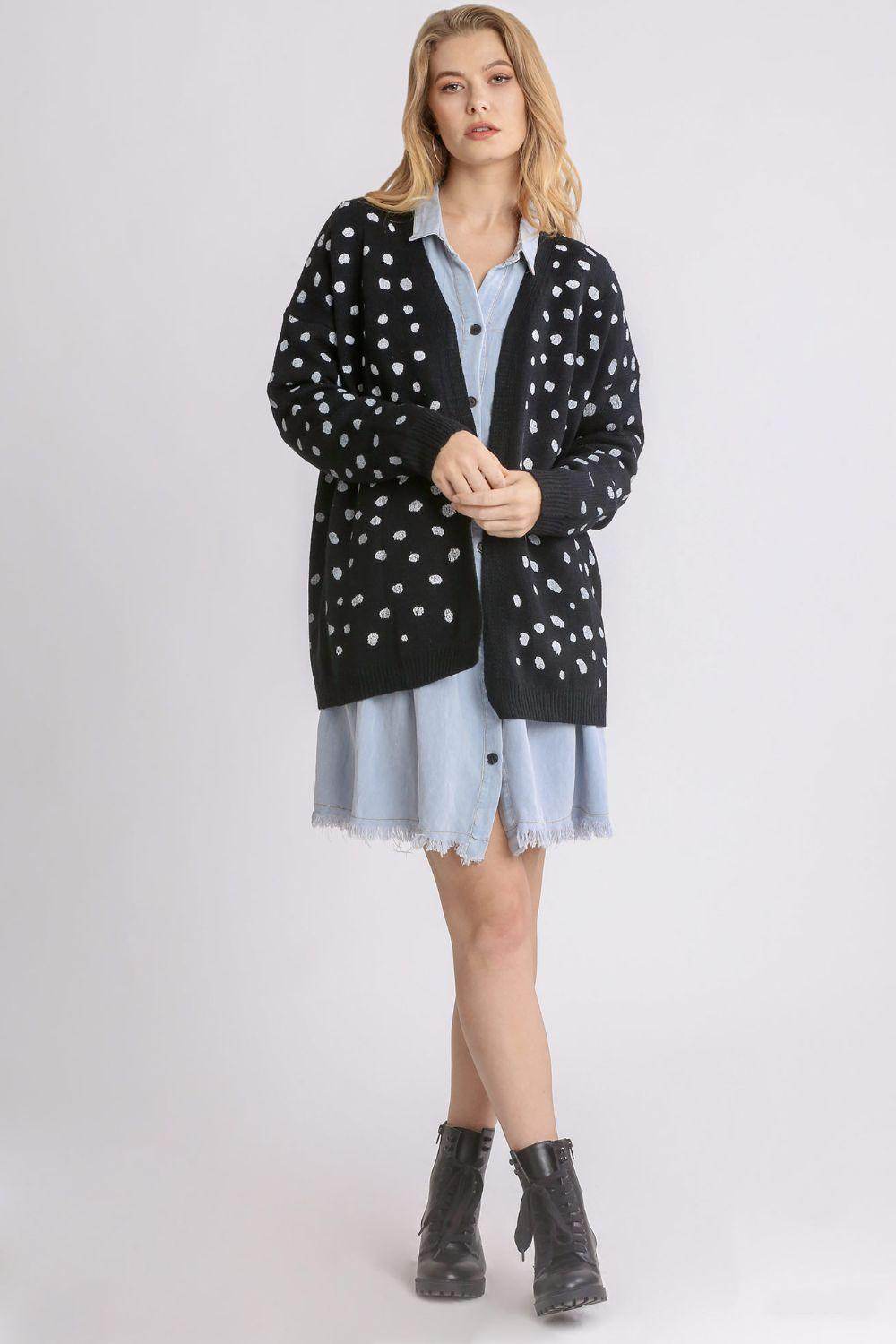 Umgee Polka Dot Open Front Drop Shoulder Cardigan for Women - Selvanelle