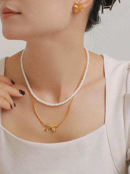 3 Piece Pearl Necklace Bow Necklace and Stud Earrings Set - Selvanelle