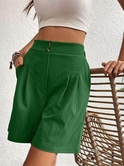 Pocketed Half Elastic Waist Shorts with Side Pockets - Selvanelle