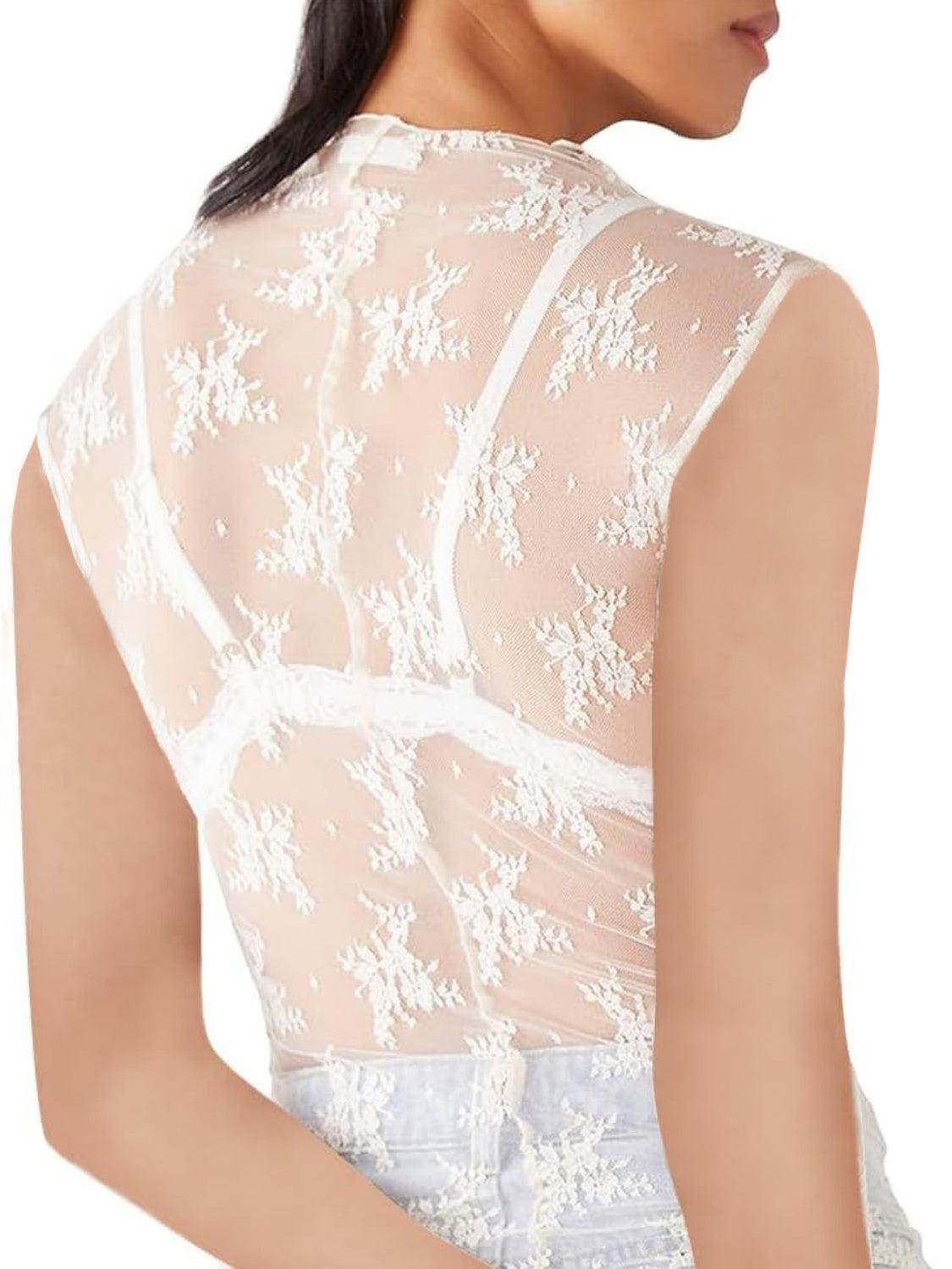 Lace Mock Neck Top for Women in Sheer Polyester Style - Selvanelle