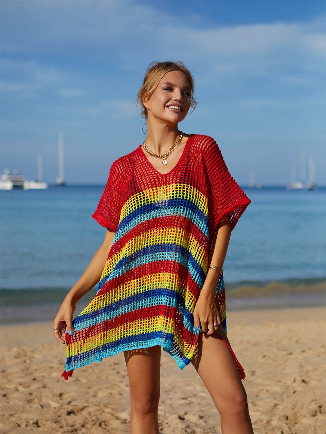 Angel Wings Cutout Striped Cover-Up with Tassel - Selvanelle