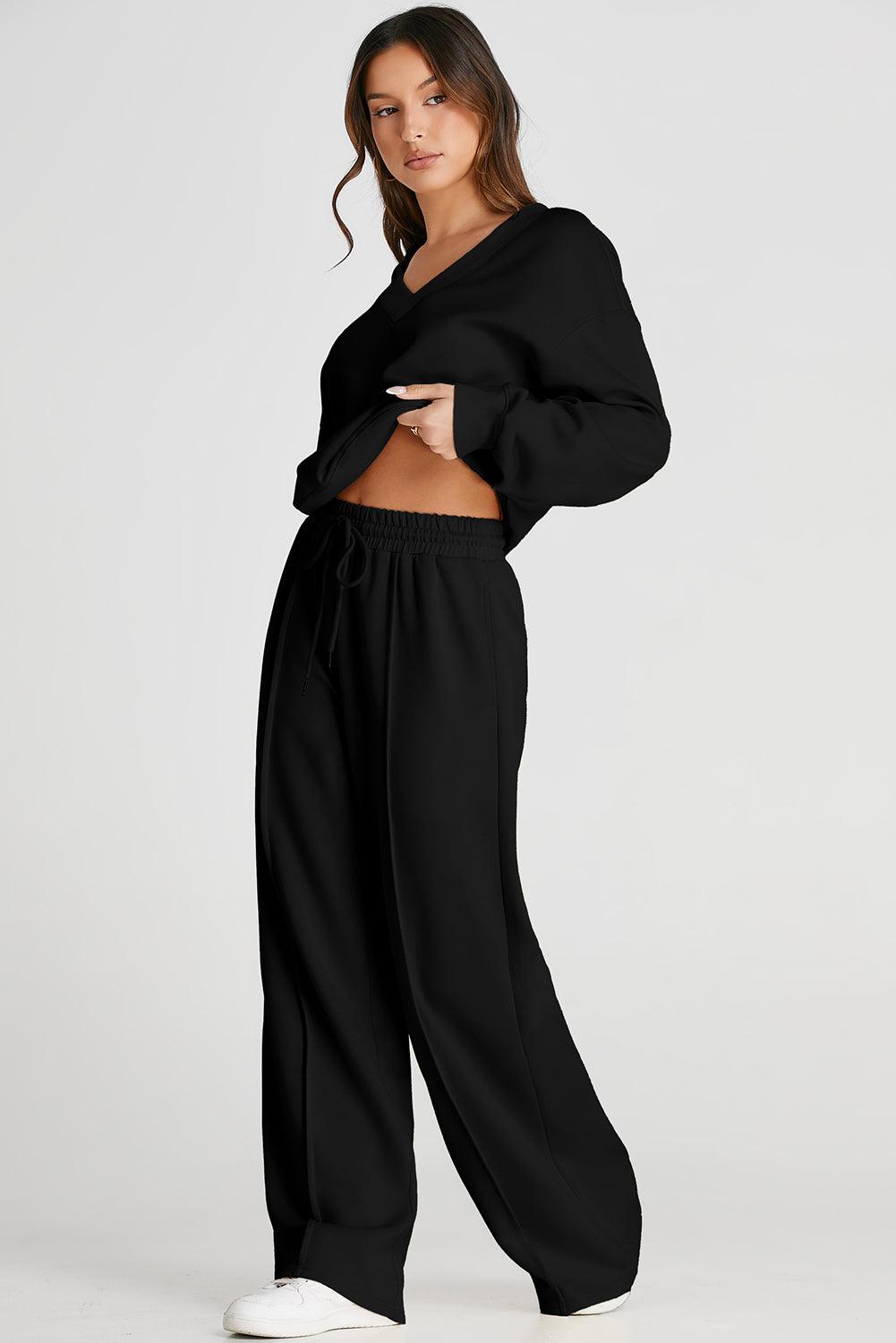 V-Neck Long Sleeve Top and Pants Active Set for Women