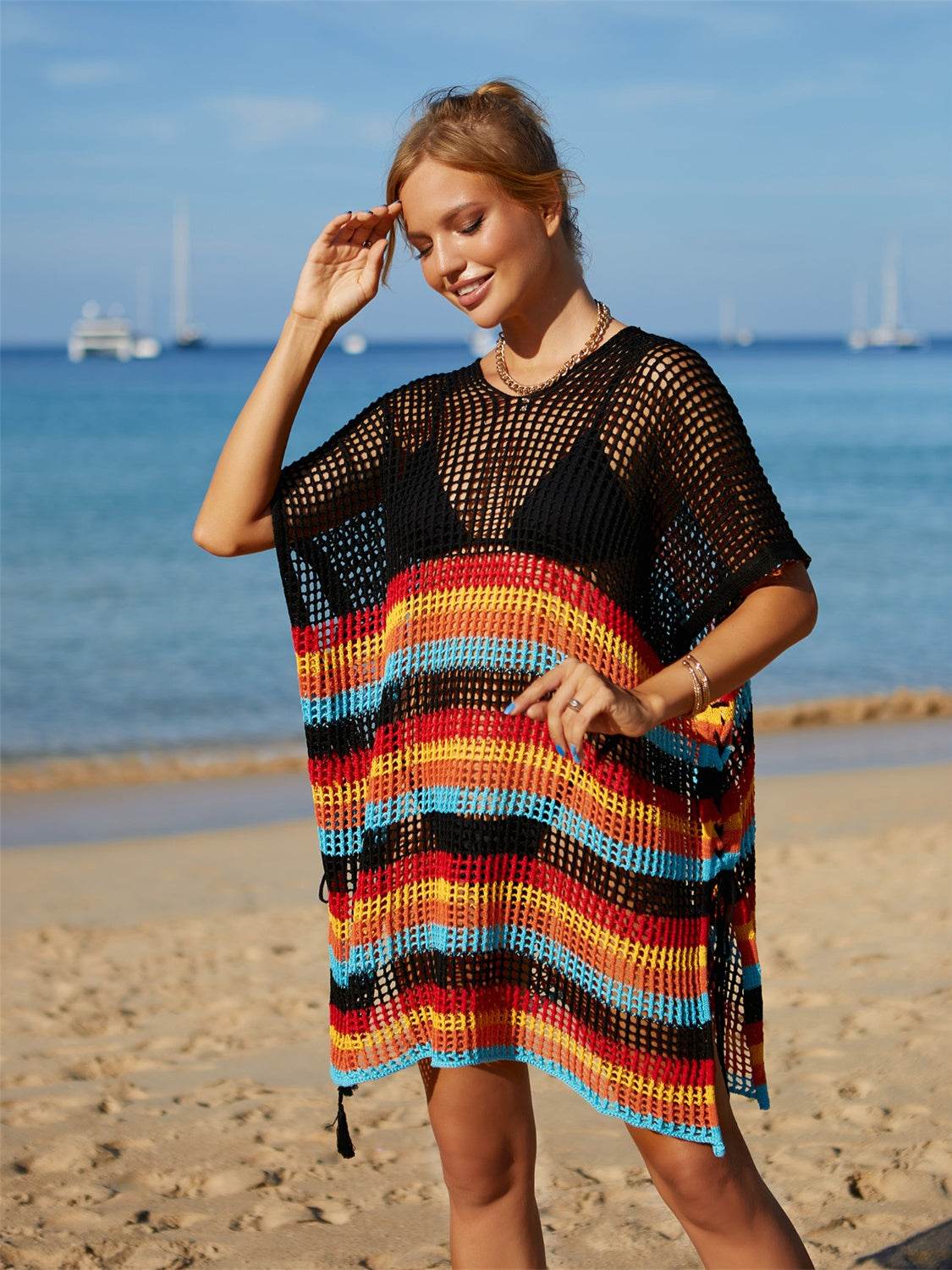 Angel Wings Cutout Striped Cover-Up with Tassel - Selvanelle