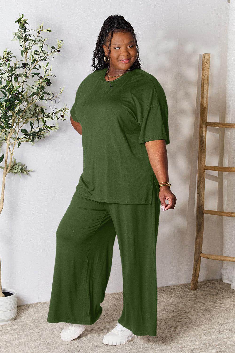 Double Take Full Size Round Neck Slit Top and Pants Set - Selvanelle