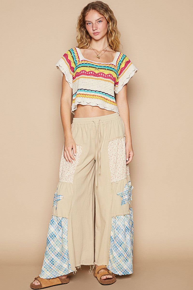 POL Openwork Ethnic Pattern Square Neck Cropped Knit Top