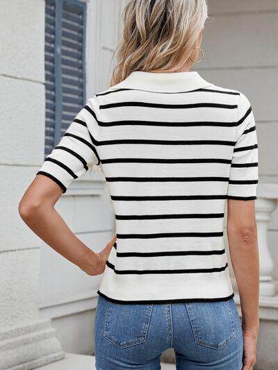 Striped Johnny Collar Short Sleeve Sweater for Women - Selvanelle