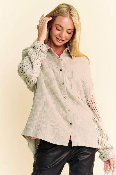 Davi & Dani Crochet Sleeve Crinkled Texture Shirt for Women - Selvanelle