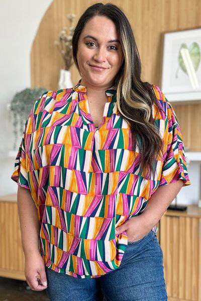 Double Take Full Size Geometric Notched Dolman Sleeve Top - Selvanelle