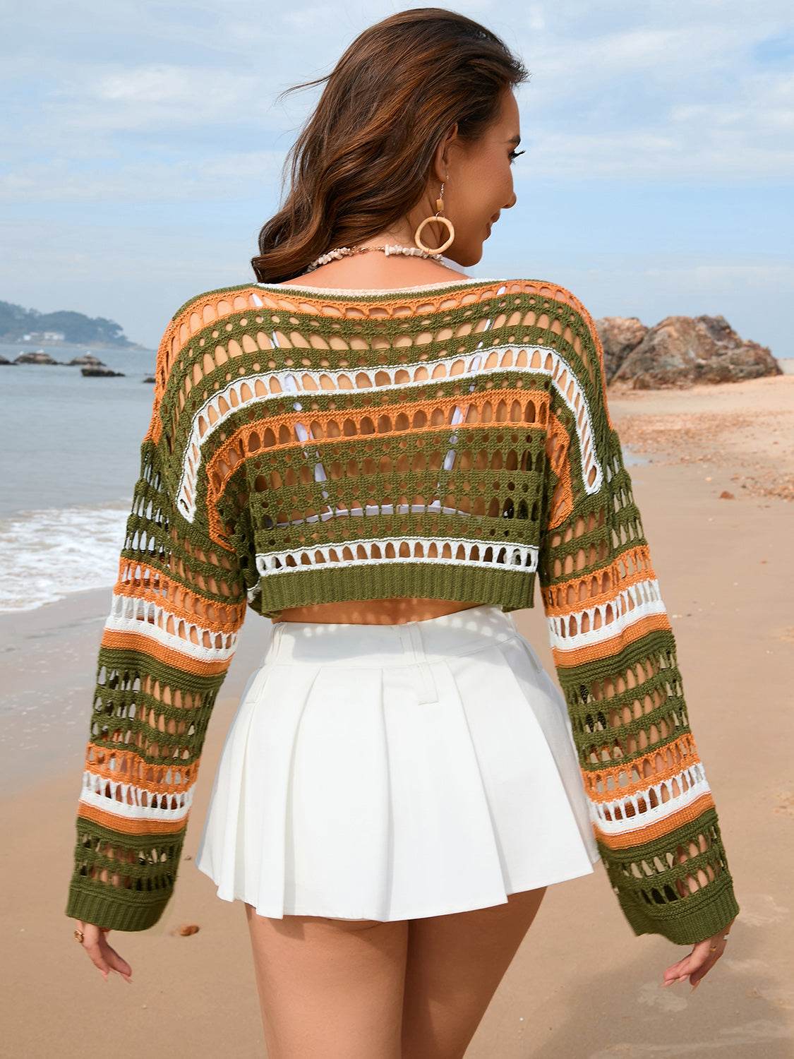 Openwork Boat Neck Dropped Shoulder Cover-Up - Selvanelle