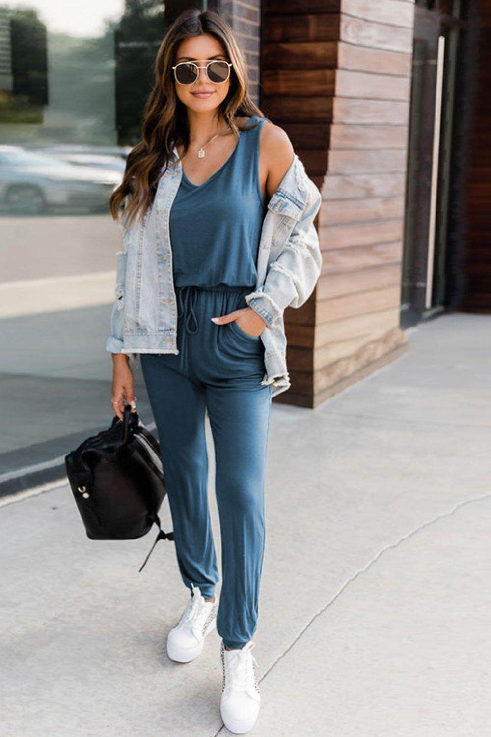 Drawstring Round Neck Sleeveless Jumpsuit for Women - Selvanelle