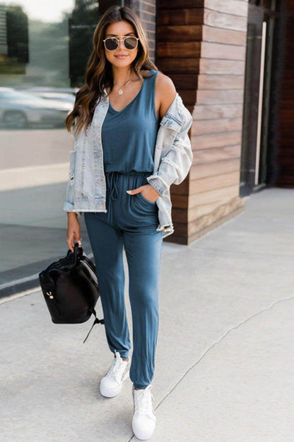 Drawstring Round Neck Sleeveless Jumpsuit for Women - Selvanelle