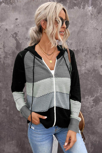 Zip-Up Raglan Sleeve Openwork Hooded Cardigan for Women - Selvanelle