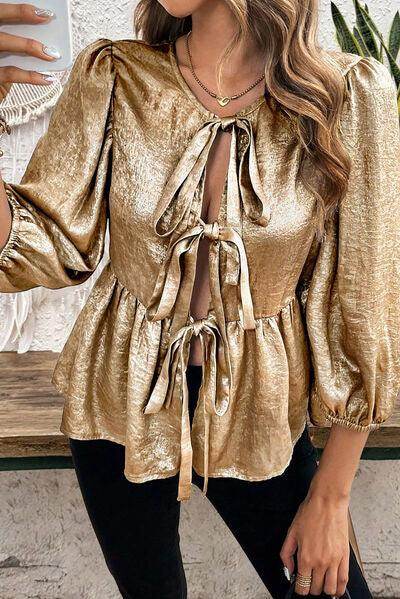 Tied Peplum Three-Quarter Sleeve Blouse for Women - Selvanelle