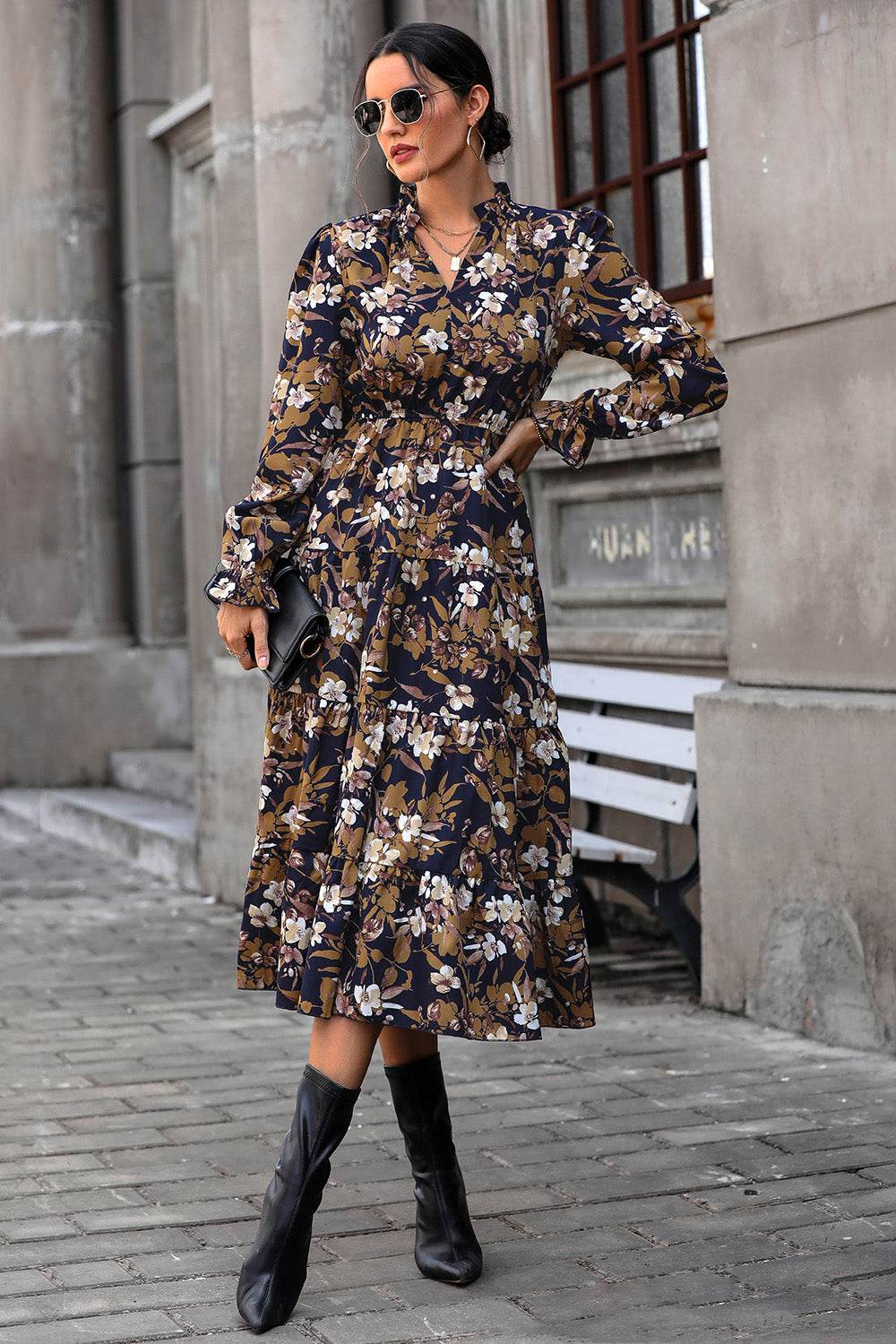 Perfee Floral Flounce Sleeve Tiered Dress - Selvanelle