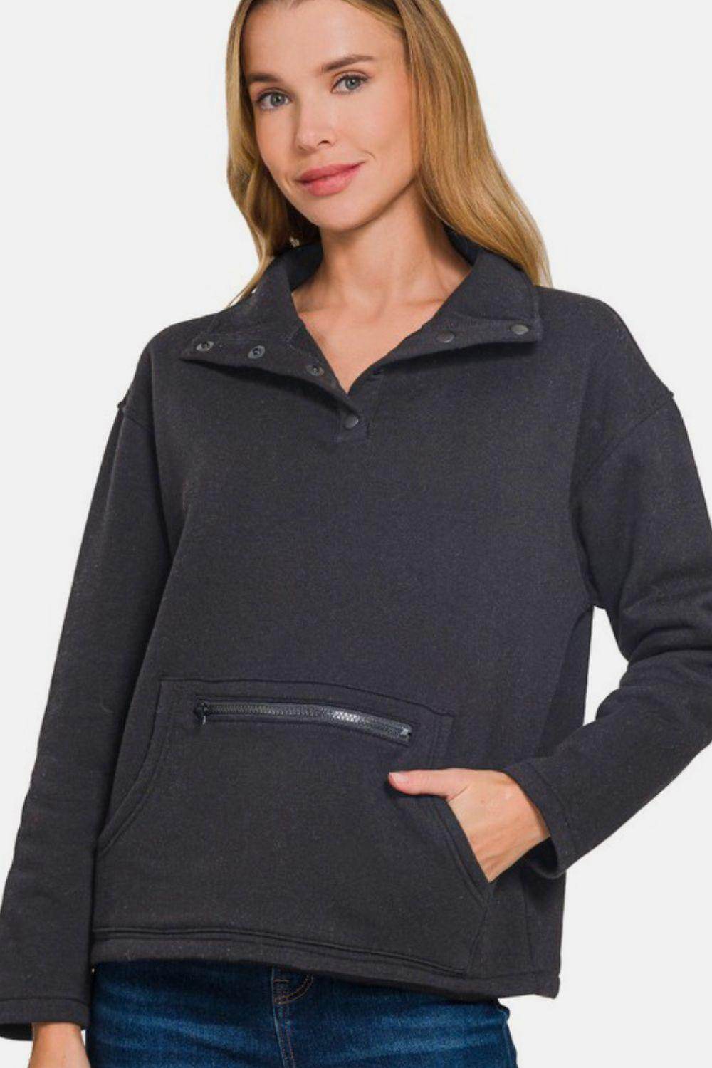 Zenana Turtleneck Half Snap Fleece Sweatshirt for Women - Selvanelle