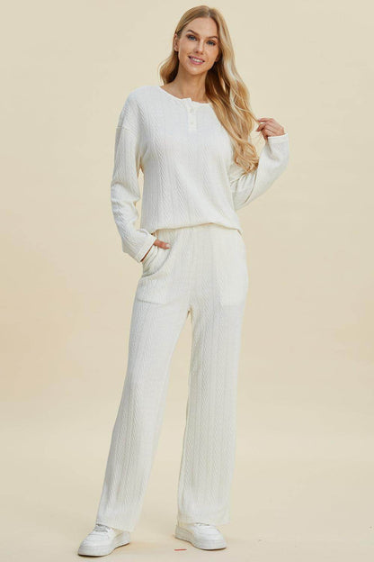 Double Take Full Size Cable-Knit Long Sleeve Top Pants Set - Selvanelle