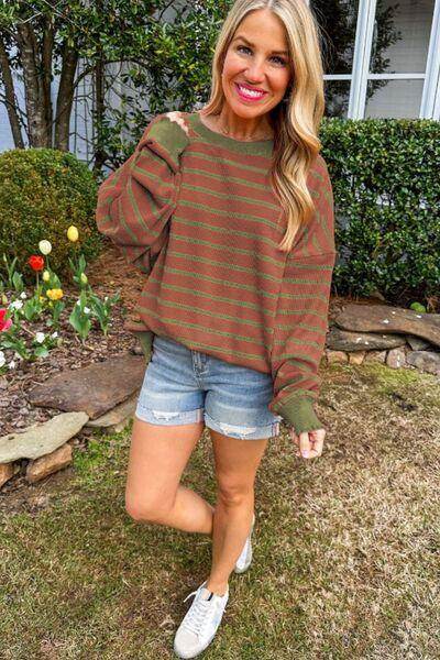 Striped Round Neck Long Sleeve Sweater for Women Fashion - Selvanelle