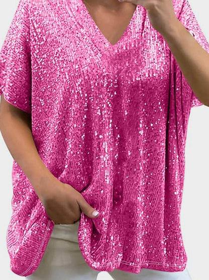 Full Size Sequin V-Neck Short Sleeve Top for Women - Selvanelle
