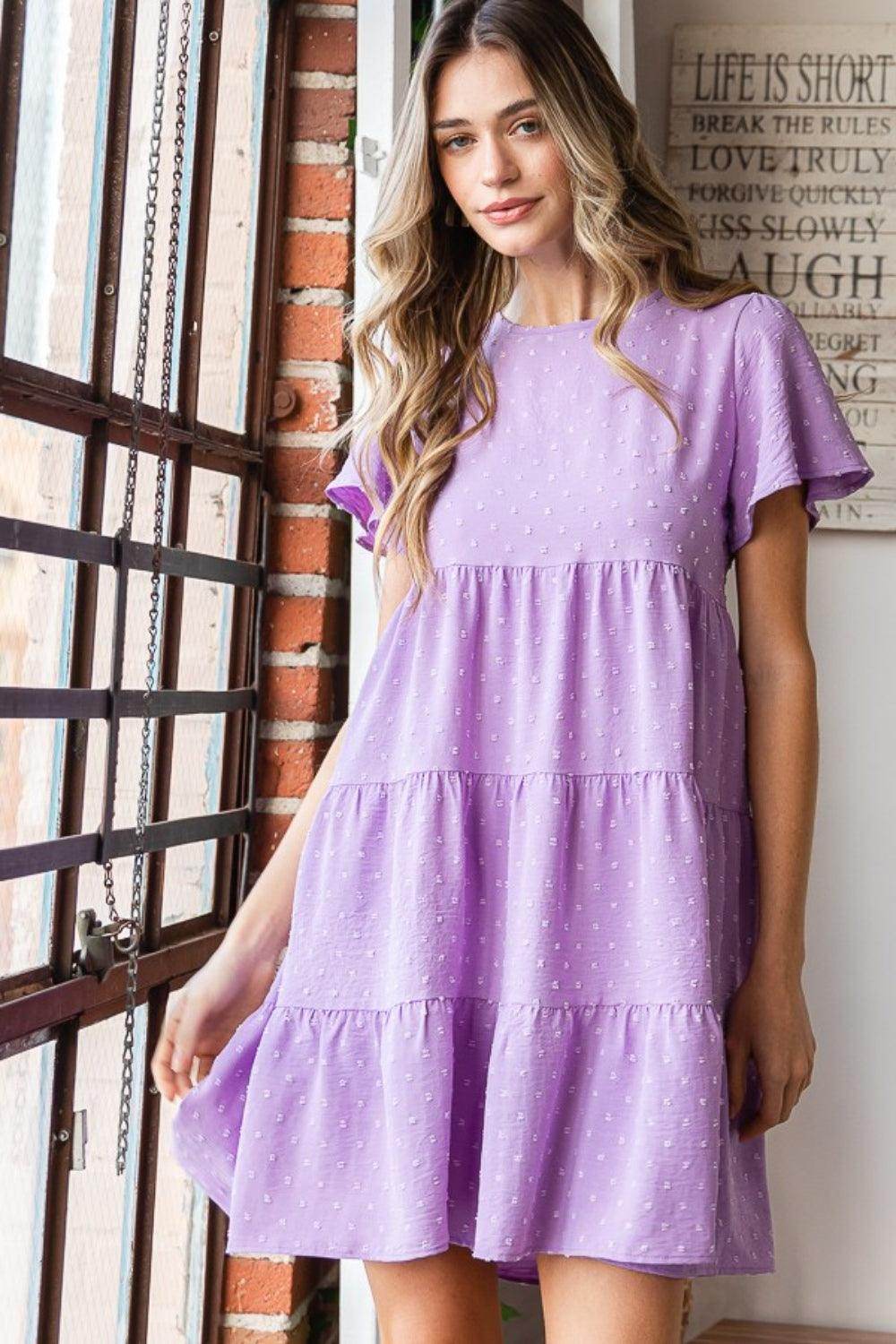 Heimish Full Size Swiss Dot Short Sleeve Tiered Dress - Selvanelle