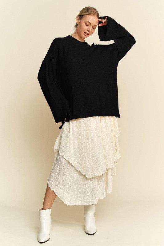 Davi & Dani High-Low Round Neck Drop Shoulder Sweater - Selvanelle