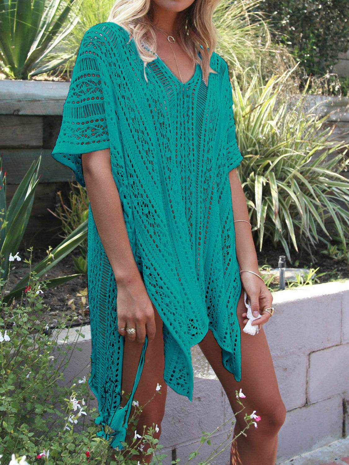 Angel Wings Cutout V-Neck Cover-Up with Tassel - Selvanelle