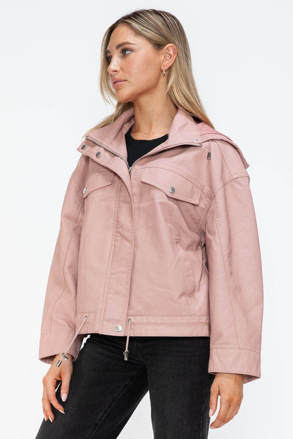 How Dare U Drawstring Hem PU Leather Zip Up Jacket for Women - Selvanelle