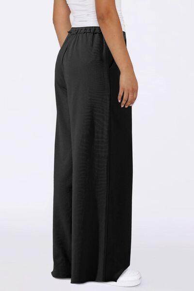 High Waist Wide Leg Pants with Pockets and Frill Detail - Selvanelle