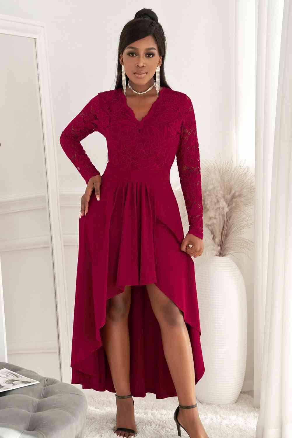 Lace High-Low V-Neck Dress for Elegant Evening Wear - Selvanelle