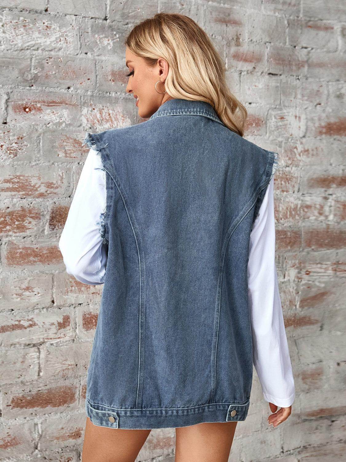 Raw Hem Sleeveless Button Up Denim Jacket for Women - Selvanelle