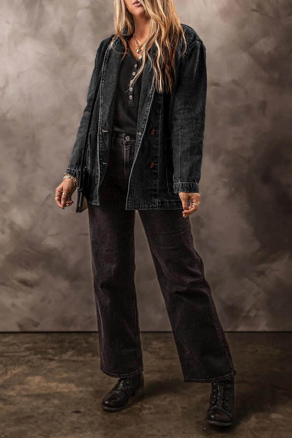 Pocketed Long Sleeve Denim Jacket for Women Stylish Fit - Selvanelle