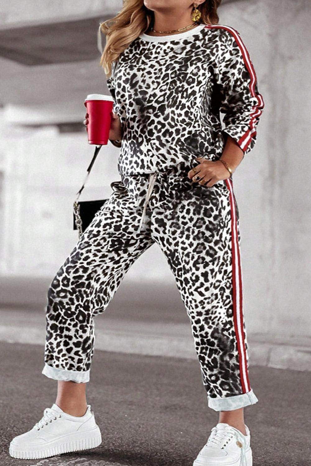 Plus Size Leopard Round Neck Top and Pants Set for Women - Selvanelle