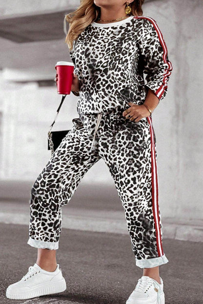 Plus Size Leopard Round Neck Top and Pants Set for Women - Selvanelle