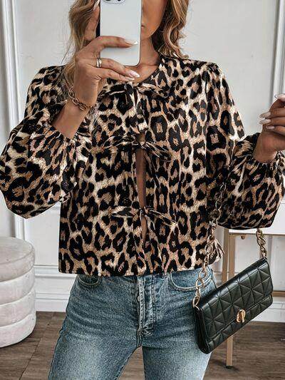 Tied Leopard Round Neck Long Sleeve Top for Women - Selvanelle