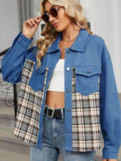 Plaid Button Up Long Sleeve Denim Jacket for Women - Selvanelle