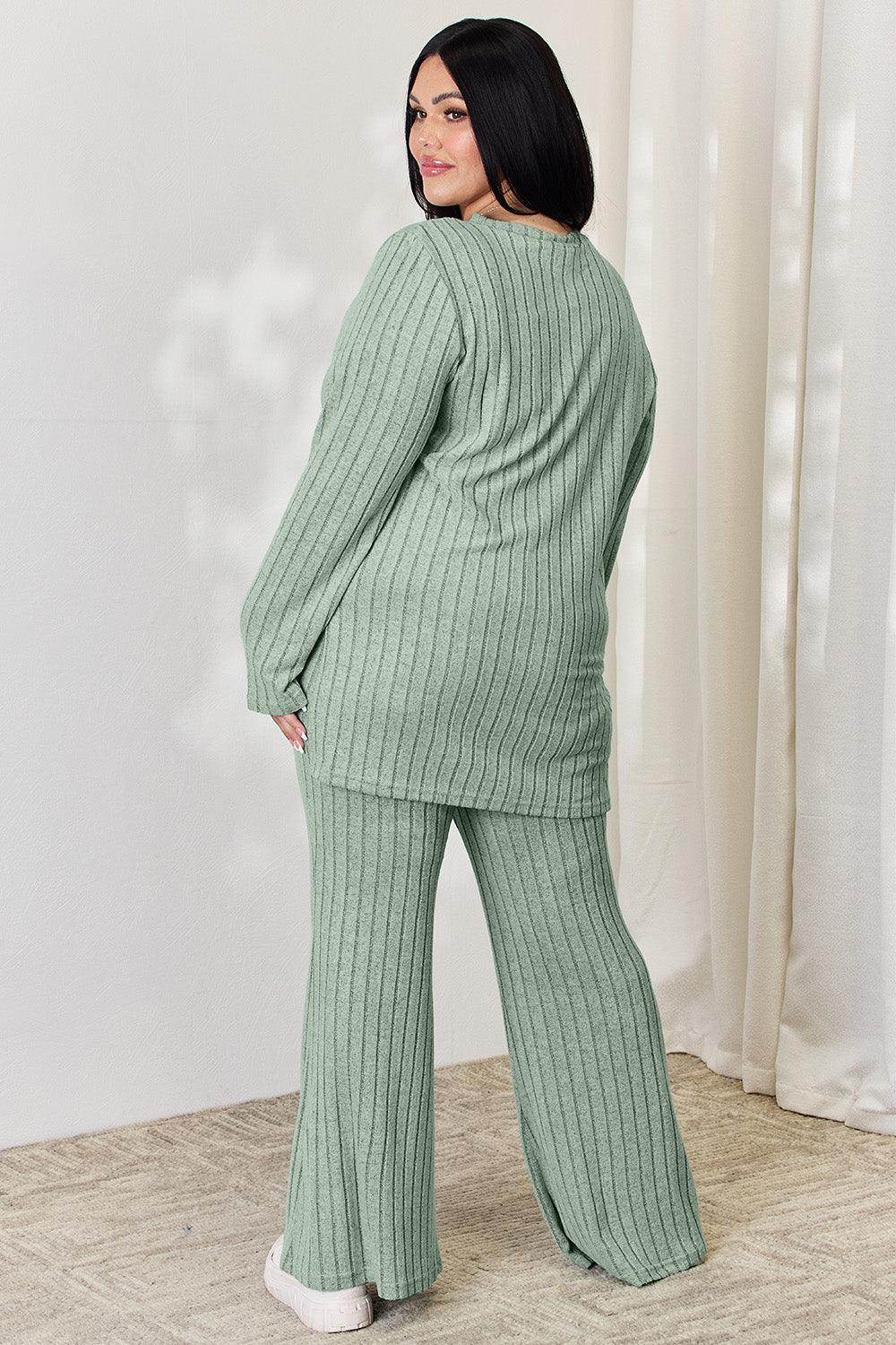 Basic Bae Full Size Ribbed High-Low Top and Wide Leg Pants Set - Selvanelle