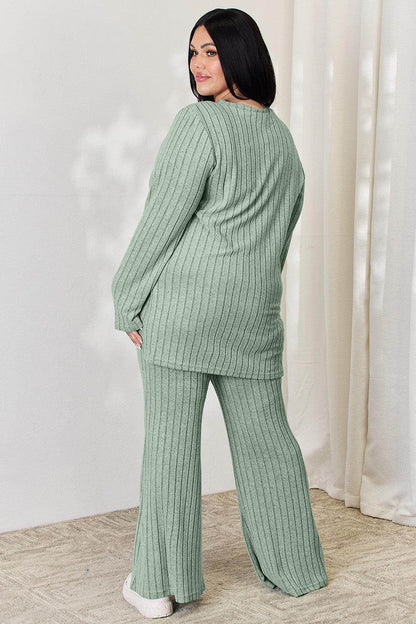 Basic Bae Full Size Ribbed High-Low Top and Wide Leg Pants Set - Selvanelle
